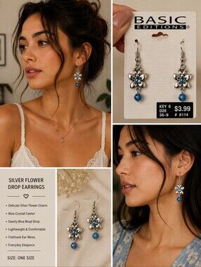 Basic Editions Silver Floral Drop Earrings with Blue Accents Feminine Y2K